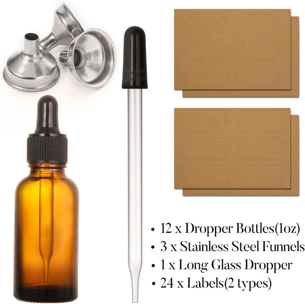 12 pcs, 1 oz Amber Dropper Bottles w/ 3 Stainless Steel Funnels & 1 Long Glass Dropper - 30ml Glass Bottles with Eye Droppers, Leakproof Essential
