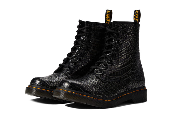 Dr. Martens 1460 Boots for Women - Goodyear Welt Construction, Z-Welt Stitching, Cushioned Footbed, and Color-Full Prints Gunmetal Wild Croc