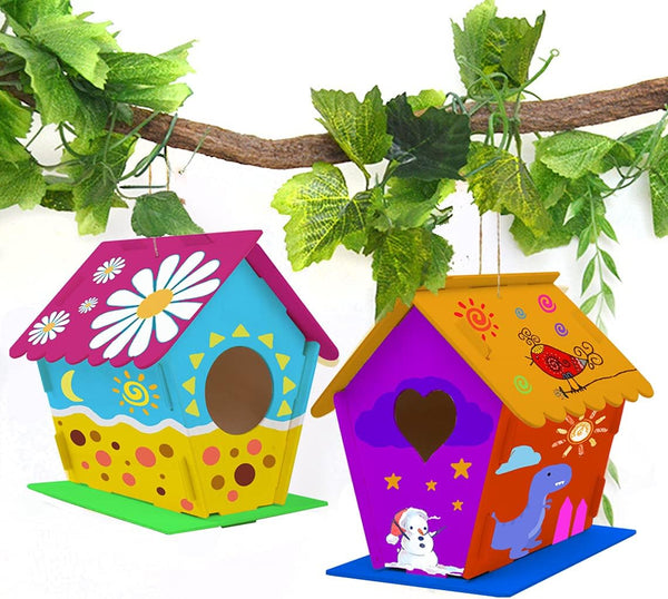 Hapray 2 Pack Bird House Kit, DIY Birdhouse Kits, Wooden Crafts Arts for Children to Build and Paint (Includes Paints & Brushes) for Kids Girls