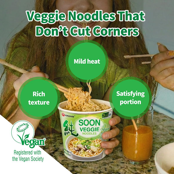 Nongshim Soon Veggie Ramyun Noodles, Signature Korean Instant Ramyun, Vegetable Flavored Broth, Vegan Noodles, Quick & Easy, Microwaveable Cup,