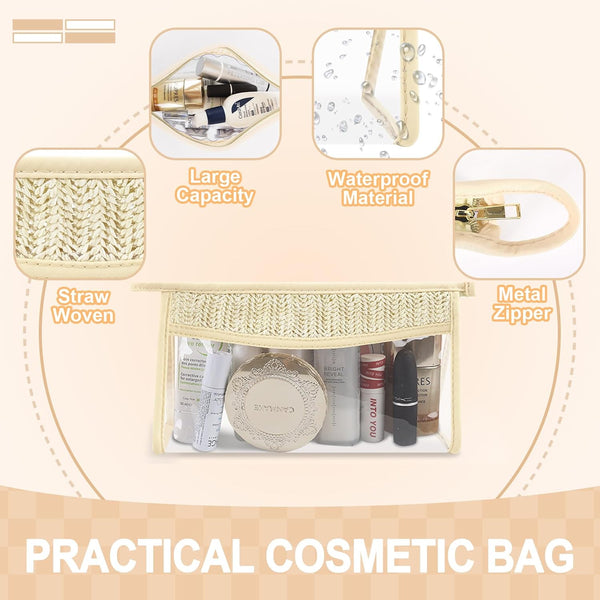 Small Boho Straw Clear Makeup Bags for Women&Girls, Zipper Cosmetic Bag Chenille Varsity Letter Patch Bag, Preppy Cute Toiletry Pouch, Trendy