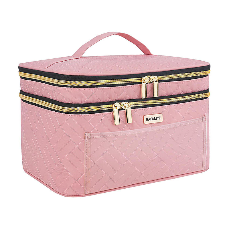 BAFAMYE Double Layer Travel Makeup Bag for Women, Large Cosmetic Case Organizer with Makeup Brush Compartment, Portable Train Case Make Up Bag for
