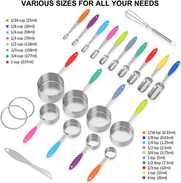 Measuring Cups and Spoons - Wildone Stainless Steel 20 Piece Stackable Set, Includes 8 Measuring Cups, 10 Measuring Spoons, 1 Leveler & 1 Whisk,
