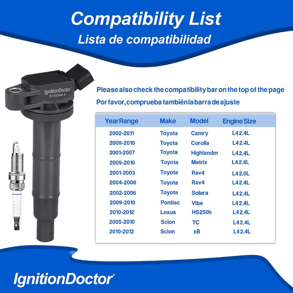 QDVX Ignition Coil and Spark Plugs - Pack of 4 - UF333 Compatible with 2.4L 02-11 Toyota Camry, 01-08 Rav4, 02-06 Solara, 01-07 Highlander, 09-10
