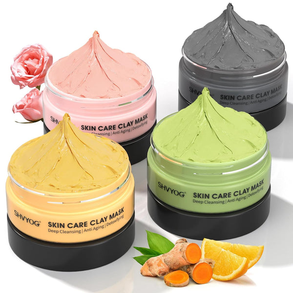 4 Pcs Clay Facial Mask Set - Turmeric, Vitamin C, Green Tea, Dead Sea Mud, and Rose Clay Skin Care Mask for Deep Cleansing, Moisturizing, and