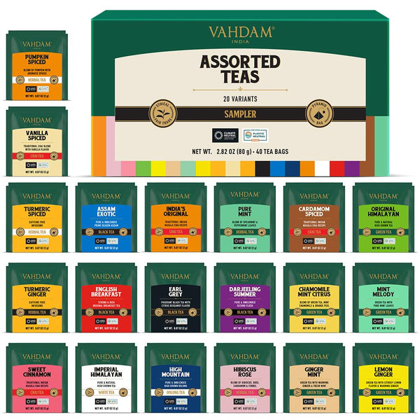 VAHDAM, Assorted Tea Sampler (20 Delicious Variety, 40 Individually Wrapped Pyramid Teabags) Long Leaf Premium Teas I Tea Gift Set I Gift Ideas