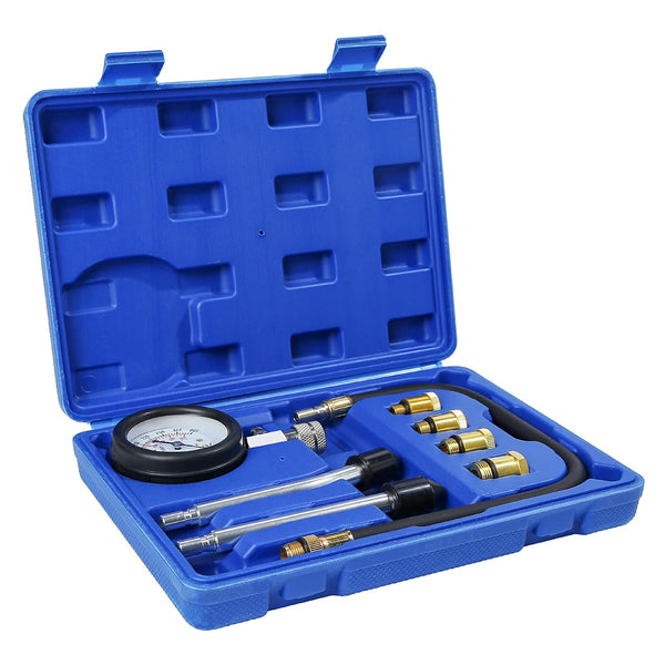 8PCS Compression Tester Kit Professional Petrol Gas Engine Cylinder Pressure Gauge 0-300 PSI Automotive Tool for Motorcycle Car Truck (Blue)