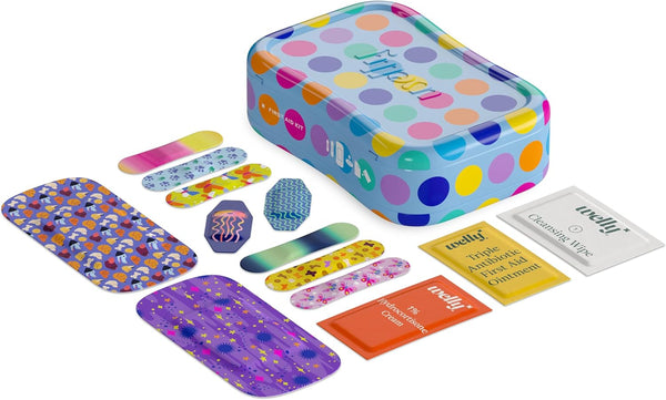 Welly First Aid Kit - Adhesive Bandages in Flexible Fabric and Waterproof, Singe Use Ointments (Triple Antibiotic, Cleansing Wipes and