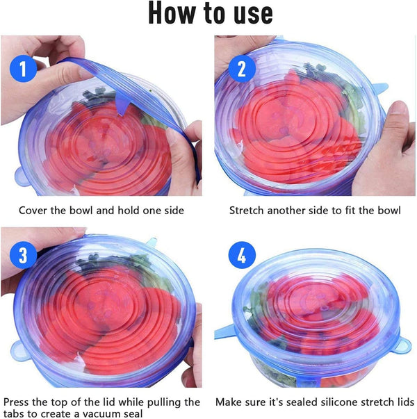 JIGUOOR Silicone Stretch Lids, 12 Pack Reusable Silicone Lids, Durable Food Storage Silicone Covers for Bowl, 6 Sizes to Meet Most Containers to