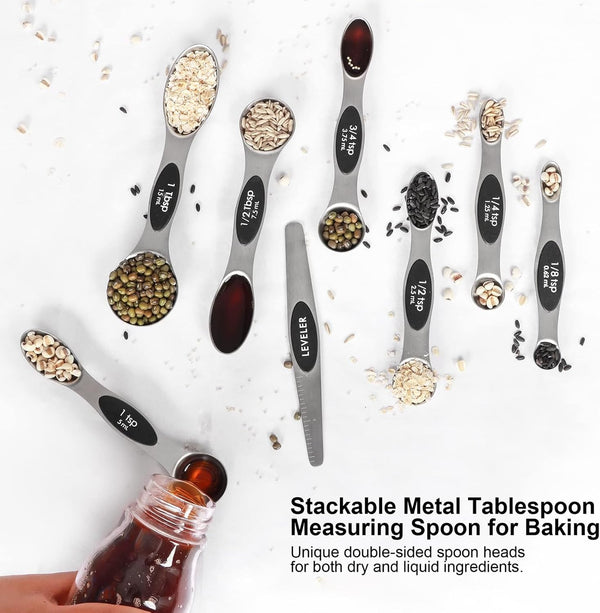 Magnetic Measuring Spoons Set Stainless Steel with Leveler, Stackable Metal Tablespoon Measure Spoon for Baking, Cups and Spoon Set Kitchen