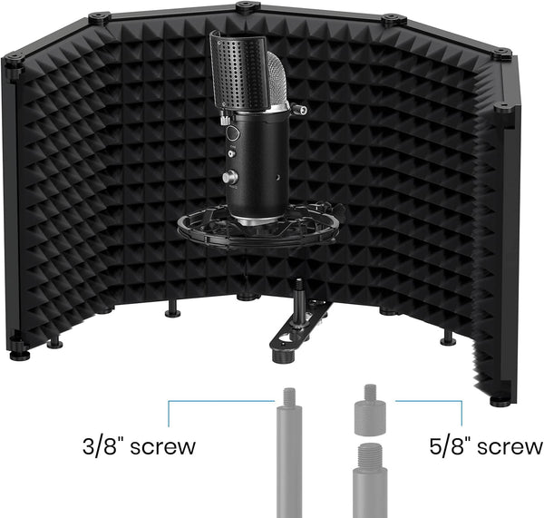Moukey Microphone Isolation Shield, Foldable Mic Shield with Triple Sound Insulation, Reflection Filter with 3/8" and 5/8" Mic Threaded Mount for