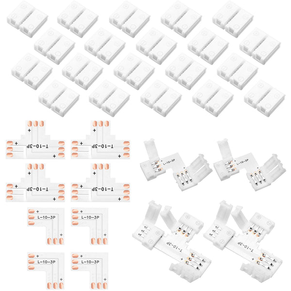 Mudder 28 Pieces 3 Pin LED Connector LED Strip Solderless Light l Shape Lights Extension T Shape Solderless Adapter Connector 10 mm for WS2811