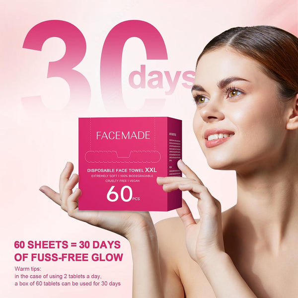 FACEMADE 60 Count XXL Face Towels Disposable 12" × 12" | 20% Larger and 20% More than Others | Lint-free and Odor-free | Soft and Clean, Perfect