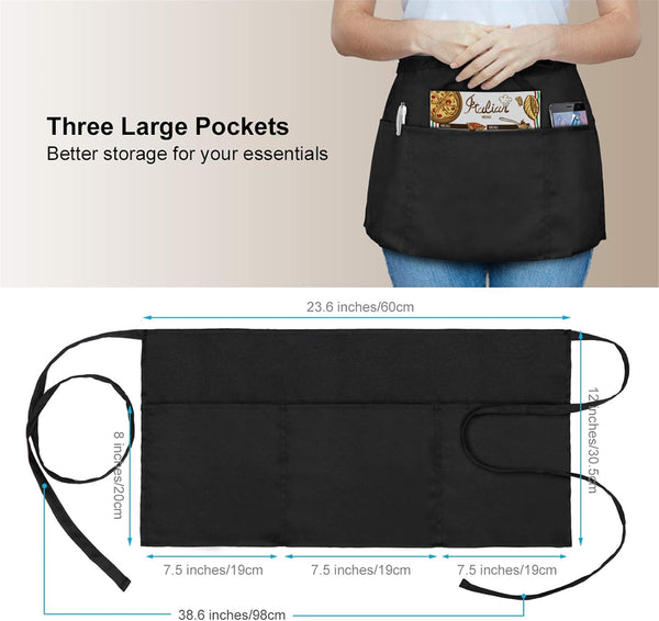 2 Pack Waitress Apron with 3 Pockets - Water & Oil Resistant - Black Waist Aprons for Servers - Half Aprons for Women - 12 Inch
