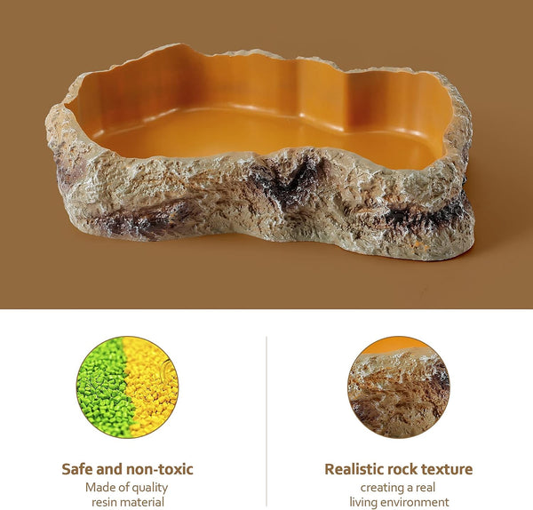 Reptile Food Water Resin Rock Bowls Lizard Gecko Worm Feeding Dish Mini | Amphibian Feeder Bowl Terrarium Decor for Bearded Dragons, Chameleon,