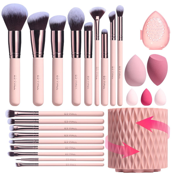 BS-MALL Makeup Brushes Premium Synthetic Foundation Powder Concealers Eye Shadows 18 Pcs Brush Set with 5 Sponge & Holder Sponge Case (A-Pink)