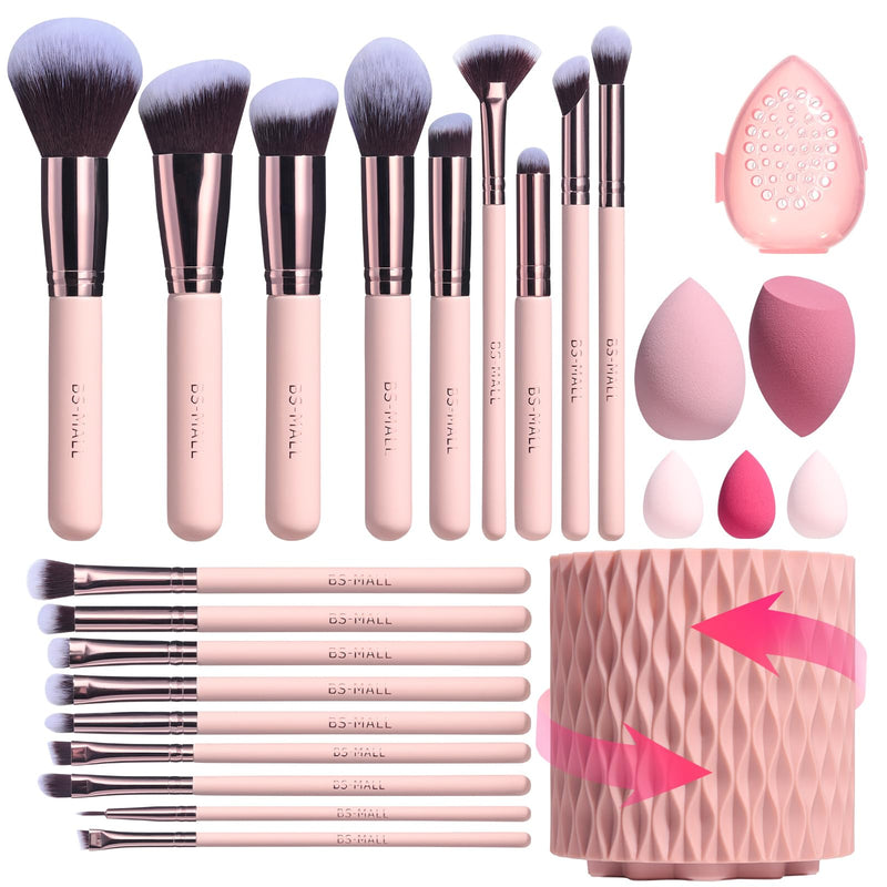 BS-MALL Makeup Brushes Premium Synthetic Foundation Powder Concealers Eye Shadows 18 Pcs Brush Set with 5 Sponge & Holder Sponge Case (A-Pink)