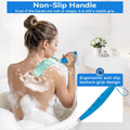15.35" Back Bath Brush with Sponge,Back Scrubber Bath Mesh with Curved Long Handle Bath Body Brush for Elderly Aid Bathing and Shower Black+Pink