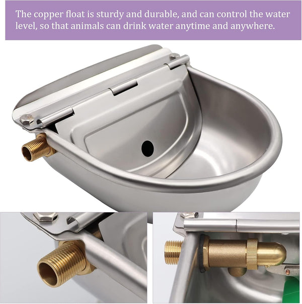 Automatic Dog Water Bowl Dispenser with Brass Float Valve and Drain Hole, 304 Stainless Steel Dog Water Dispenser Livestock Waterer for Dog