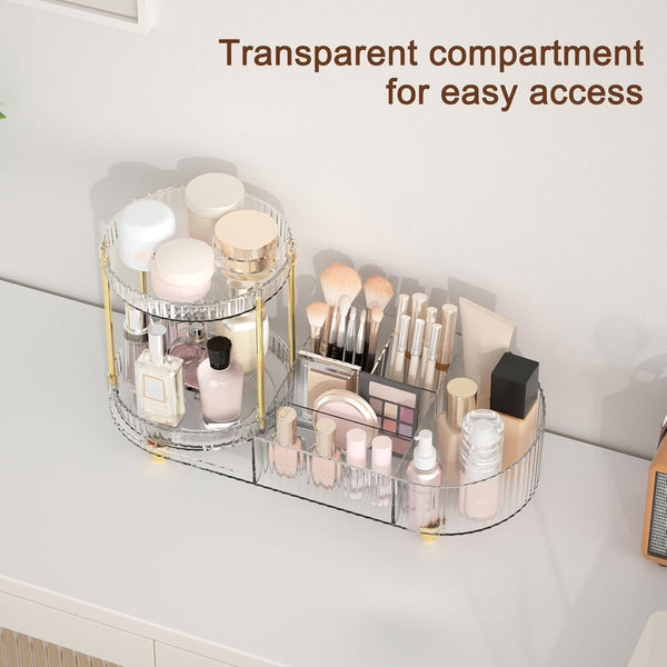 Makeup Organizer Countertop for Vanity, Rotating Perfume Tray with 5-Compartment Cosmetic and Skincare Organizers, Multi-Purpose Desk Storage