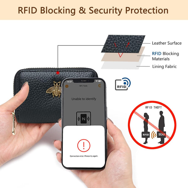 imeetu RFID Credit Card Holder, Small Leather Zipper Card Case Wallet for Women Lite Lite - Brown