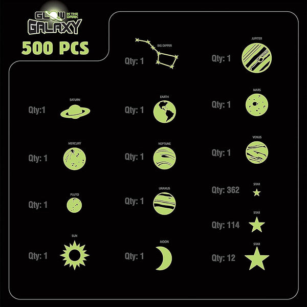 Glow in The Dark Stars for Ceiling, 500-Count, Largest Ceiling Glow Stars Assortment Includes Jumbo Sun, All 9 Planets, Bonus Moon and Entire Big
