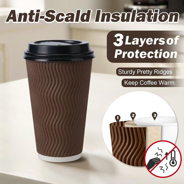 16 oz Insulated Disposable Paper Coffee Cups with Lids 50 Pack | Triple Ripple Wall Reduces Heat Transfer, Brown To Go Coffee Cup For Hot