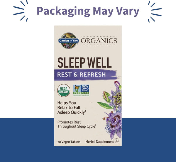Garden of Life Organics Sleep Well Rest & Refresh 30 Tablets, Lemon Balm, Green Tea Extract L-Theanine, Valerian Root, Chamomile,