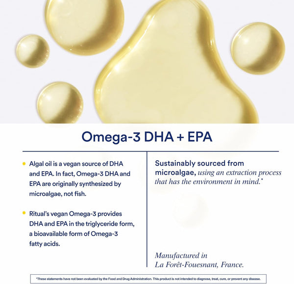 Ritual Omega 3 - Vegan - Science-Backed Dose of DHA & EPA Fatty Acids in 2:1 Ratio, Bioavailable, Brain and Heart Health Support, Minimal