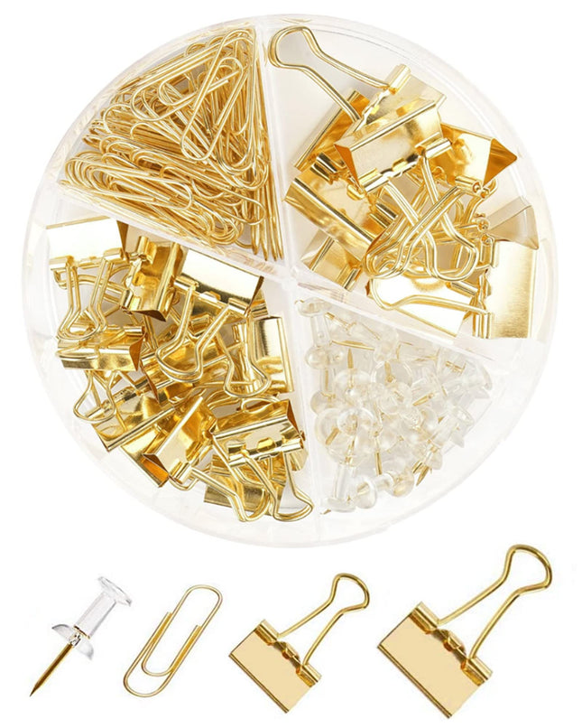 Gold Paper Clips and Binder Clips Set, Metal Assorted Sized Binders with Push Pi