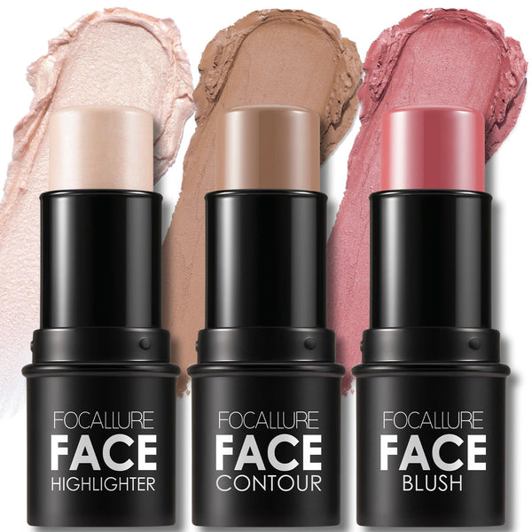 FOCALLURE 3 Pcs Cream Contour Sticks,Shades with Highlighter & Bronzer & Blush,Non-greasy Long-wear Face Contouring Pen,Easy to Sculpt the Face