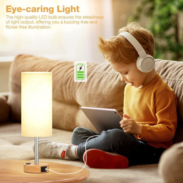 Fenmzee Bedside Table Lamp for Bedroom - 3 Way Dimmable Touch Lamp USB C Charging Ports and AC Outlet, Small Lamp Wood Base Round Flaxen Fabric