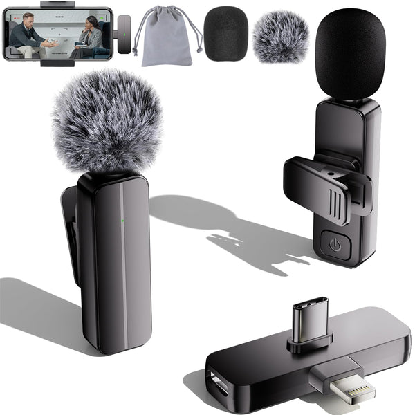 2-Pack Wireless Mini Lavalier Lapel Microphone for iPhone,iPad(Lightning) - 65ft Cordless Clip on Dual Mics with Noise Reduction 6H Working Time