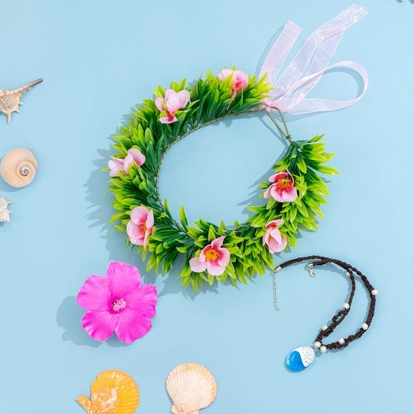 Princess Costume Accessories Hawaii Flowers Garland Headband Flower Hair Clips Necklace Halloween Party Favors Green