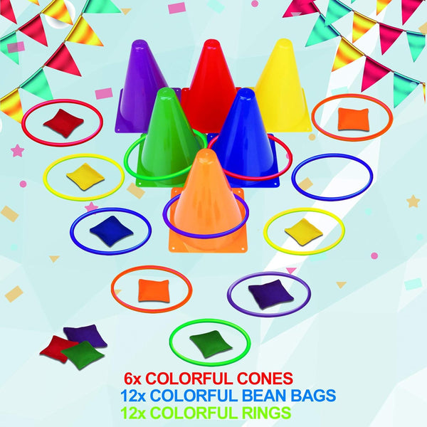 Unanscre 31PCS 3 in 1 Carnival Outdoor Games Combo Set for Kids, Soft Plastic Cones Bean Bags Ring Toss Game, Gift for Birthday Party/Xmas