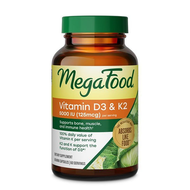 MegaFood Vitamin D3 & K2 5000 IU (125 mcg), 60 Mini Capsules 60 Count (Pack of 1