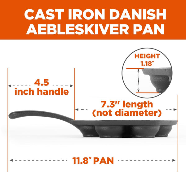 Commercial CHEF Danish Aebleskiver Pan, Pre-Seasoned Cast Iron, Seven Sections For Mini Puffs and Pancake Balls, Works on All Cooktops Including