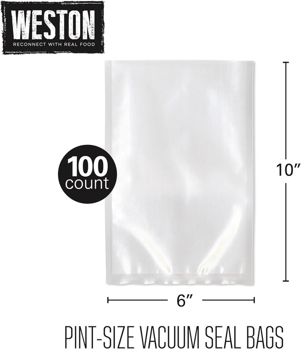 Weston 6" x 10" Pint Vacuum Sealer Bags For Meal Prep & Sous Vide | 2 Ply 3mm Thick | Compatible With NutriFresh & FoodSaver | BPA Free | 100