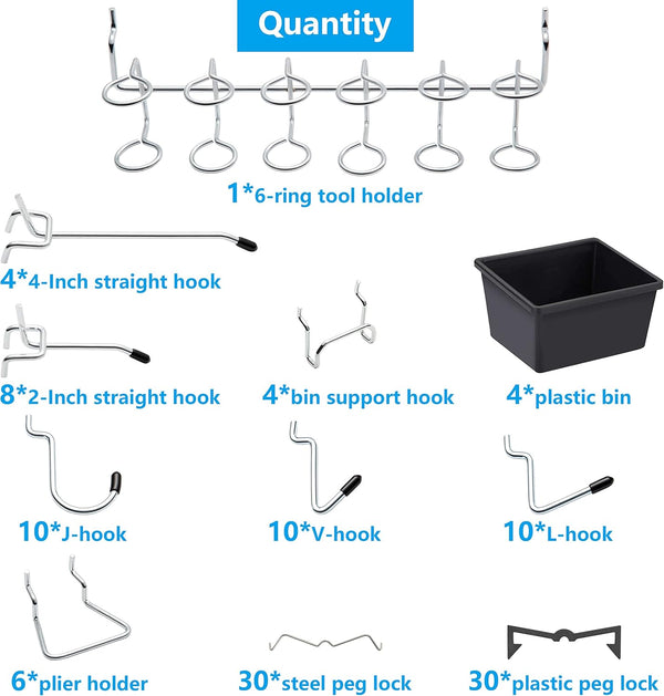 Pegboard Hooks with Bins, Peg Locks, for Organizing Various Tools, 117 PCS, 60 of Which are Locks 117PCS
