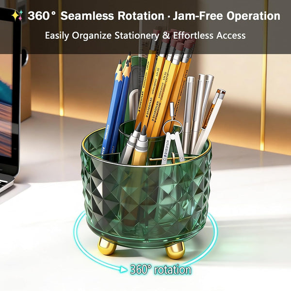 Dark Green Pen Pencil Holder for Desk, 360Â° Rotating Pen Organizer, Green Office Supplies, Cute Pen Holder, 6-Compartment Pencil Holder Rotating