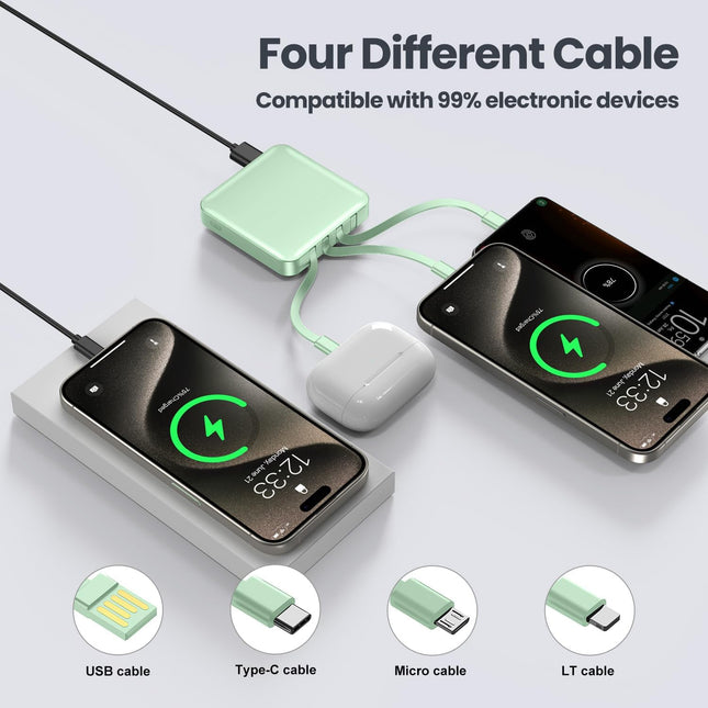 ummz Mini Portable Charger with Built-in 4 Cables，12000mAh Small Power Bank gree