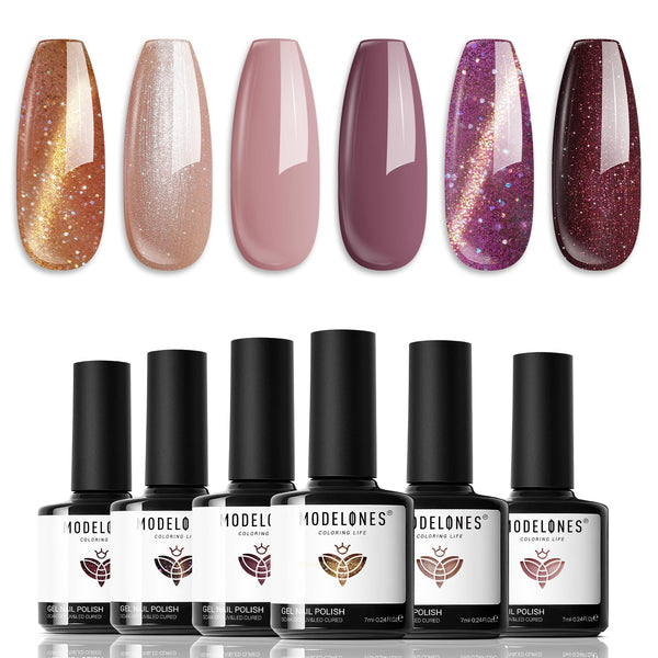 Modelones Gel Nail Polish Set, 6 Colors Nude Brown Gel Polish Glitter Burgundy Shiny Champagne Gold Magnetic Cat Eye Effect Sparkle Stunning Home