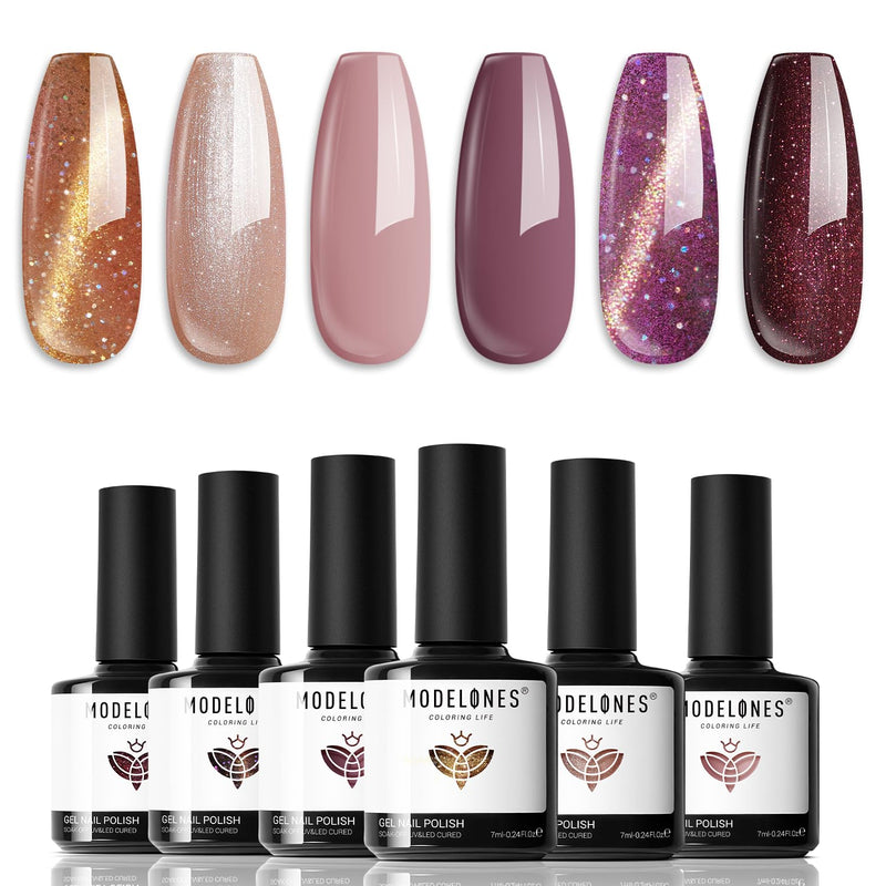 Modelones Gel Nail Polish Set, 6 Colors Nude Brown Gel Polish Glitter Burgundy Shiny Champagne Gold Magnetic Cat Eye Effect Sparkle Stunning Home