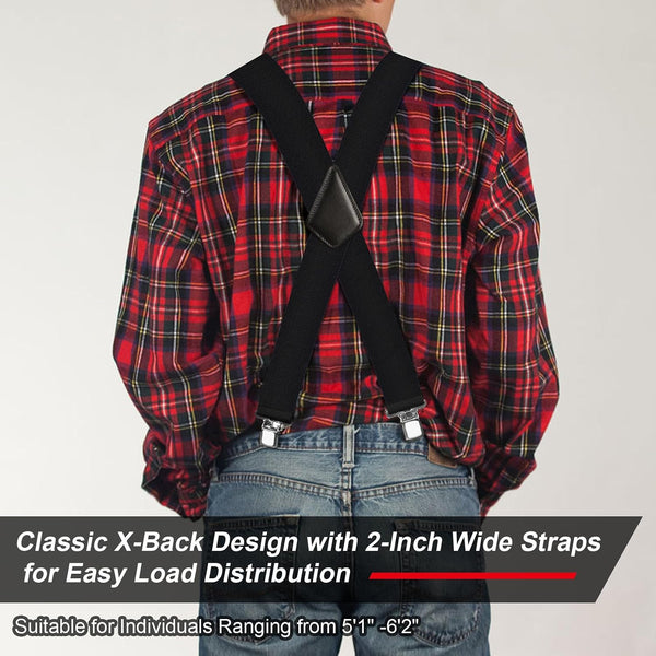 Ultrashang CLASSIC Mens Heavy-Duty Suspender: 2-Inch Wide, Sturdy Clips, X-Back, Adjustable Elastic Work Suspenders Black