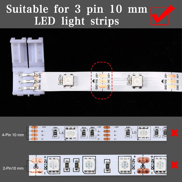 Mudder 28 Pieces 3 Pin LED Connector LED Strip Solderless Light l Shape Lights Extension T Shape Solderless Adapter Connector 10 mm for WS2811