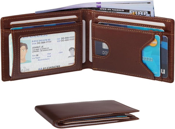 Slim Minimalist Mens Bifold Wallet, RFID Blocking Genuine Leather Wallet for Men with ID Window and 8 Cards Slot.ï¼ˆCoffeeï¼‰