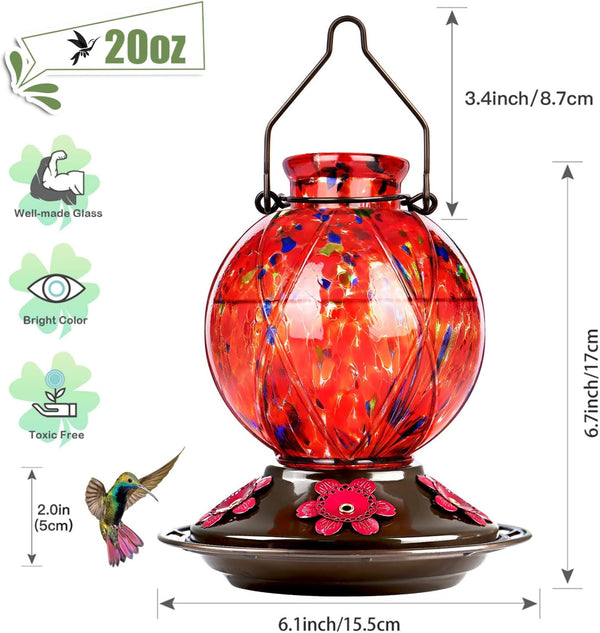 BOLITE Glass Hummingbird Feeders for Outdoors Hanging, Hand Blown, Red | With Ant-Moat, 20oz, 5 Bee-Proof Ports, 360° Perch, Leak-Proof, Meshy