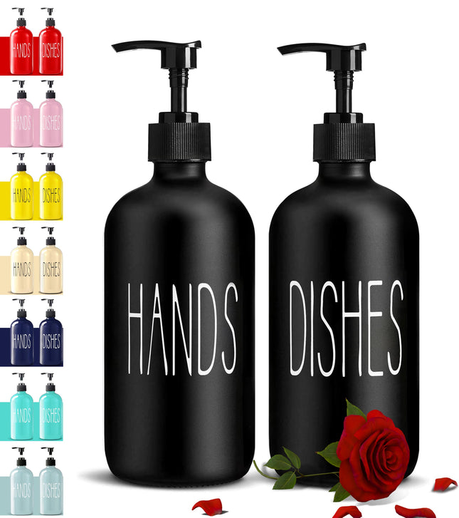 Glass Soap Dispenser Set 2 Pack,Contains Hand and Dish Soap Dispenser.Premium 16 Oz Black Kitchen Soap Dispenser Set for