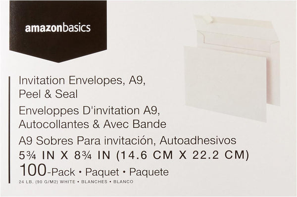 Amazon Basics A9 Blank Invitation Mailing Envelopes, Peel & Seal, No Licking, 5-3/4 x 8-3/4 Inches, White, Pack of 100 100-Pack