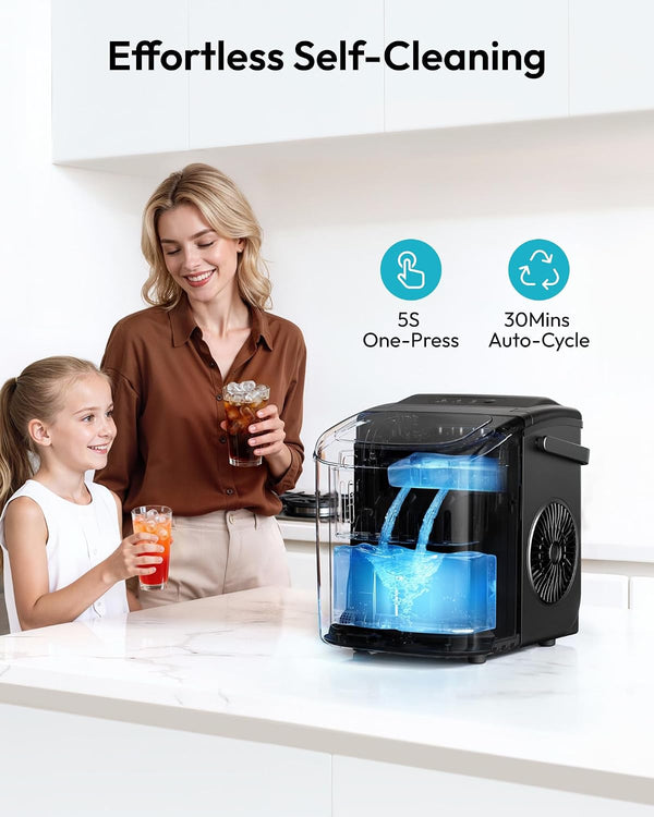 EUHOMY Countertop Ice Maker Machine with Handle, 26lbs in 24Hrs, 9 Ice Cubes Ready in 6 Mins, Auto-Cleaning Portable Ice Maker with Basket and